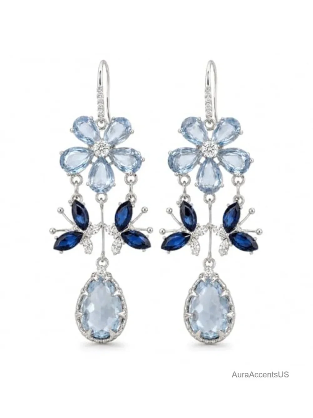Blue Crystal Flower Butterfly Drop Earrings for Women, Silver Tone Rhinestone